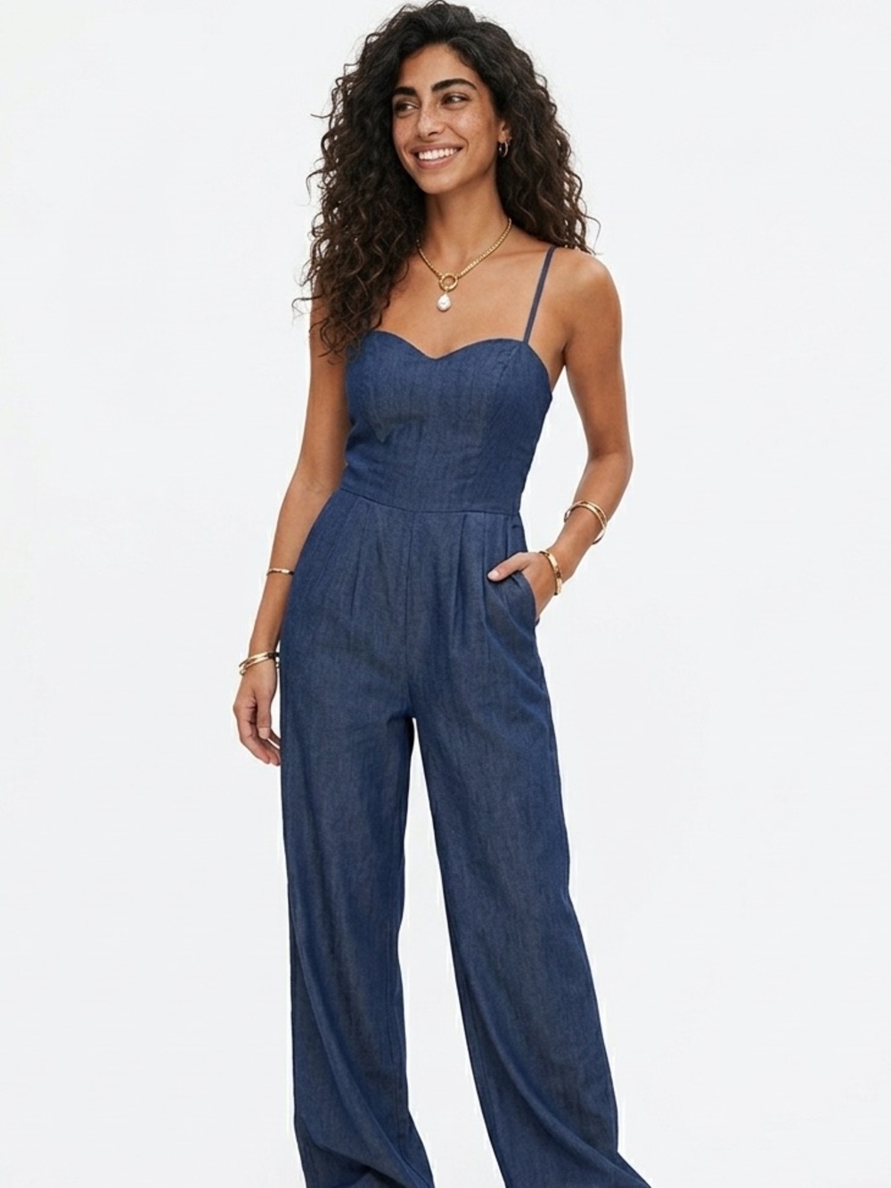 Lovers + Friends Indigo Blue Denim Strapless-Style Jumpsuit